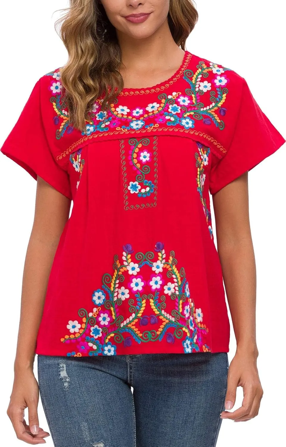 YZXDORWJ Women's Embroidered Mexican Peasant Blouse Mexico Summer Shirt Short Sleeve
