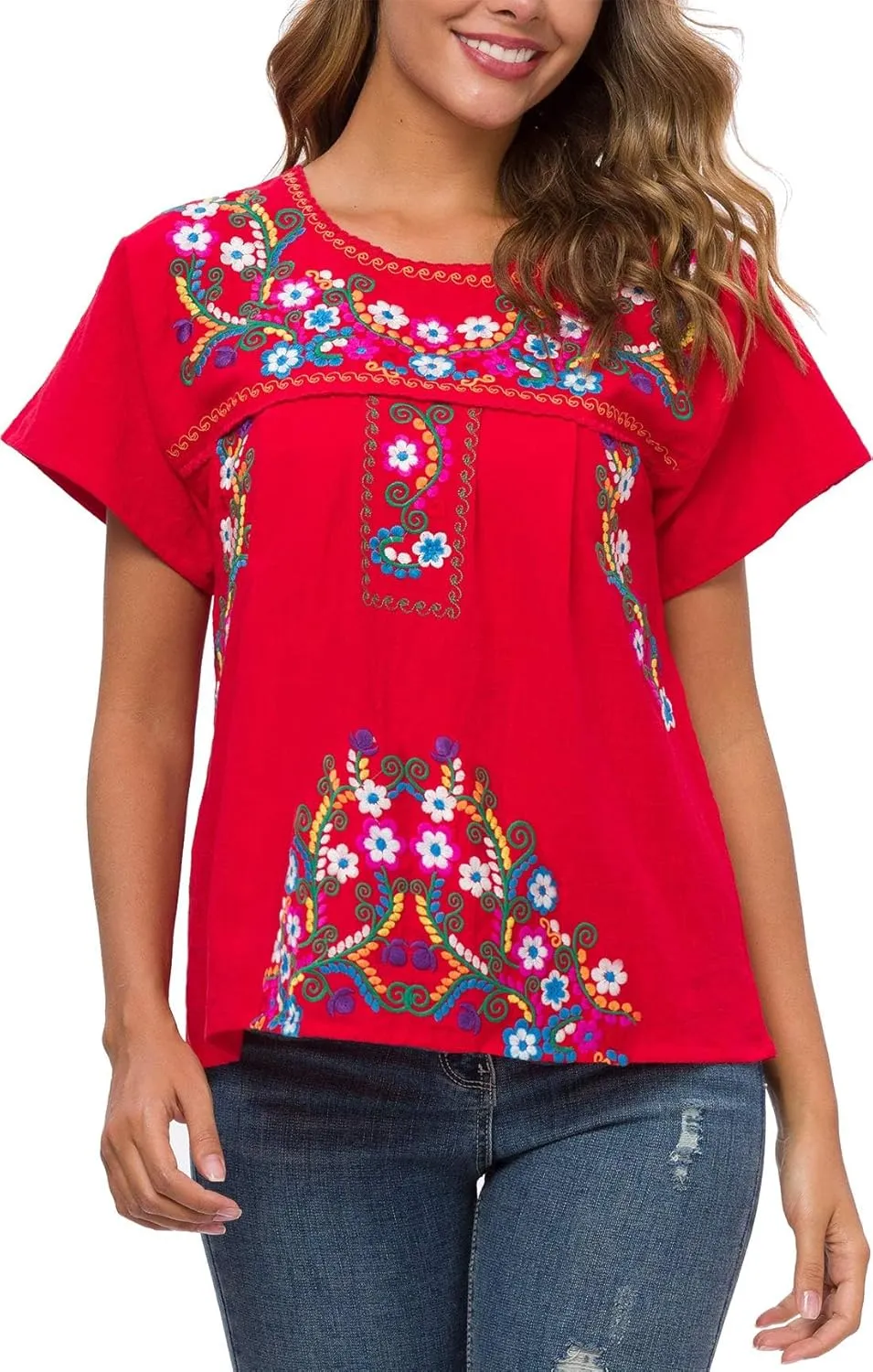 YZXDORWJ Women's Embroidered Mexican Peasant Blouse Mexico Summer Shirt Short Sleeve