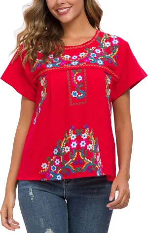 YZXDORWJ Women's Embroidered Mexican Peasant Blouse Mexico Summer Shirt Short Sleeve