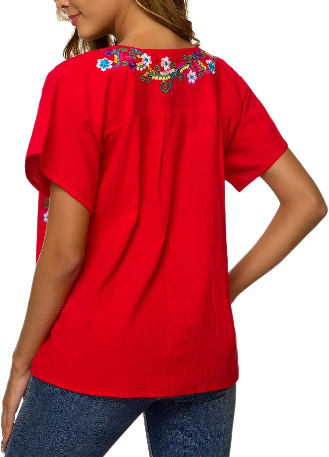 YZXDORWJ Women's Embroidered Mexican Peasant Blouse Mexico Summer Shirt Short Sleeve