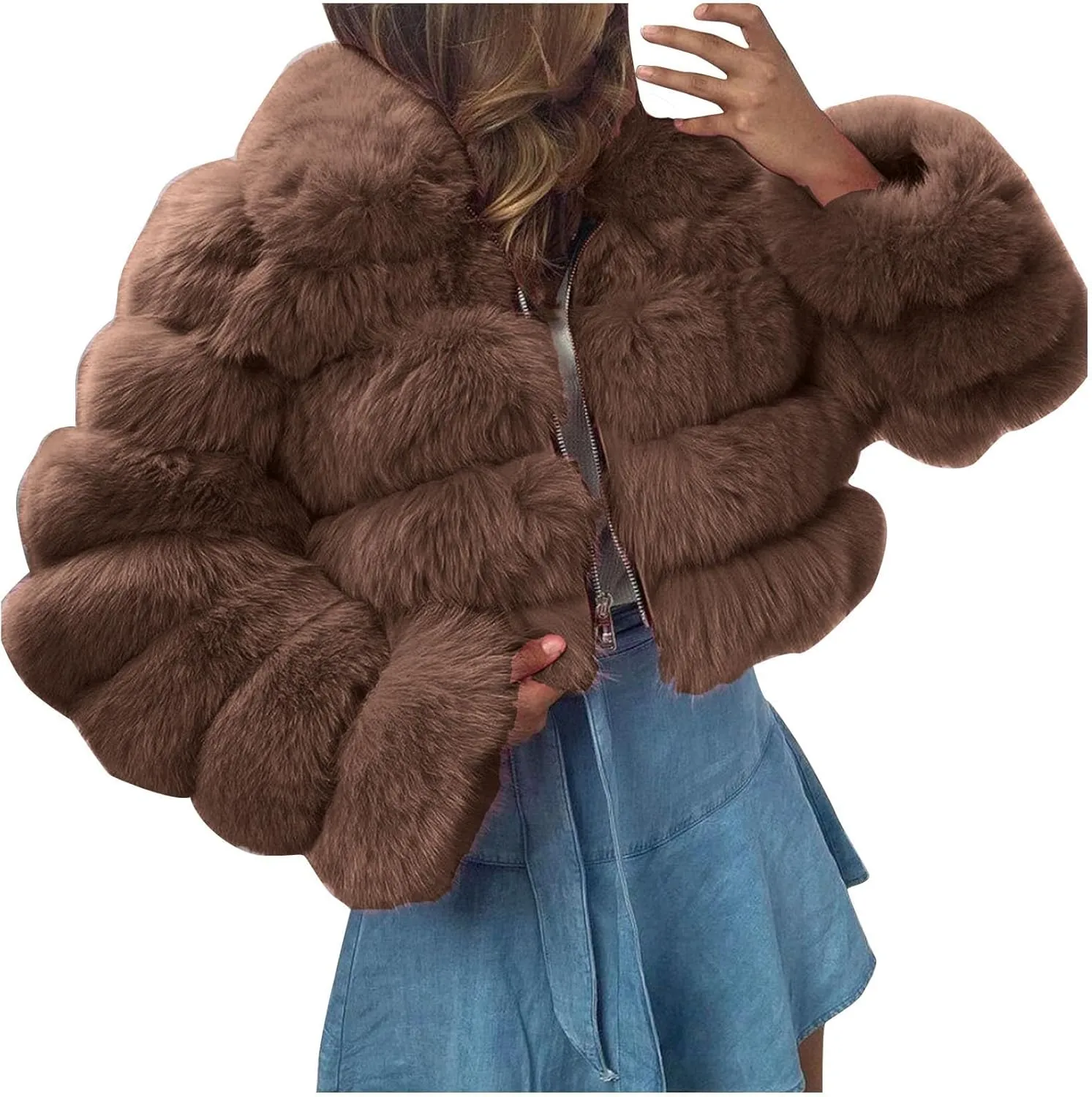 ZBYY Women Fluffy Faux Fur Coat Cropped Jacket Puffer Jacket Zip Up Luxury Winter Warm Fuzzy Teddy Jacket Parka Outwear